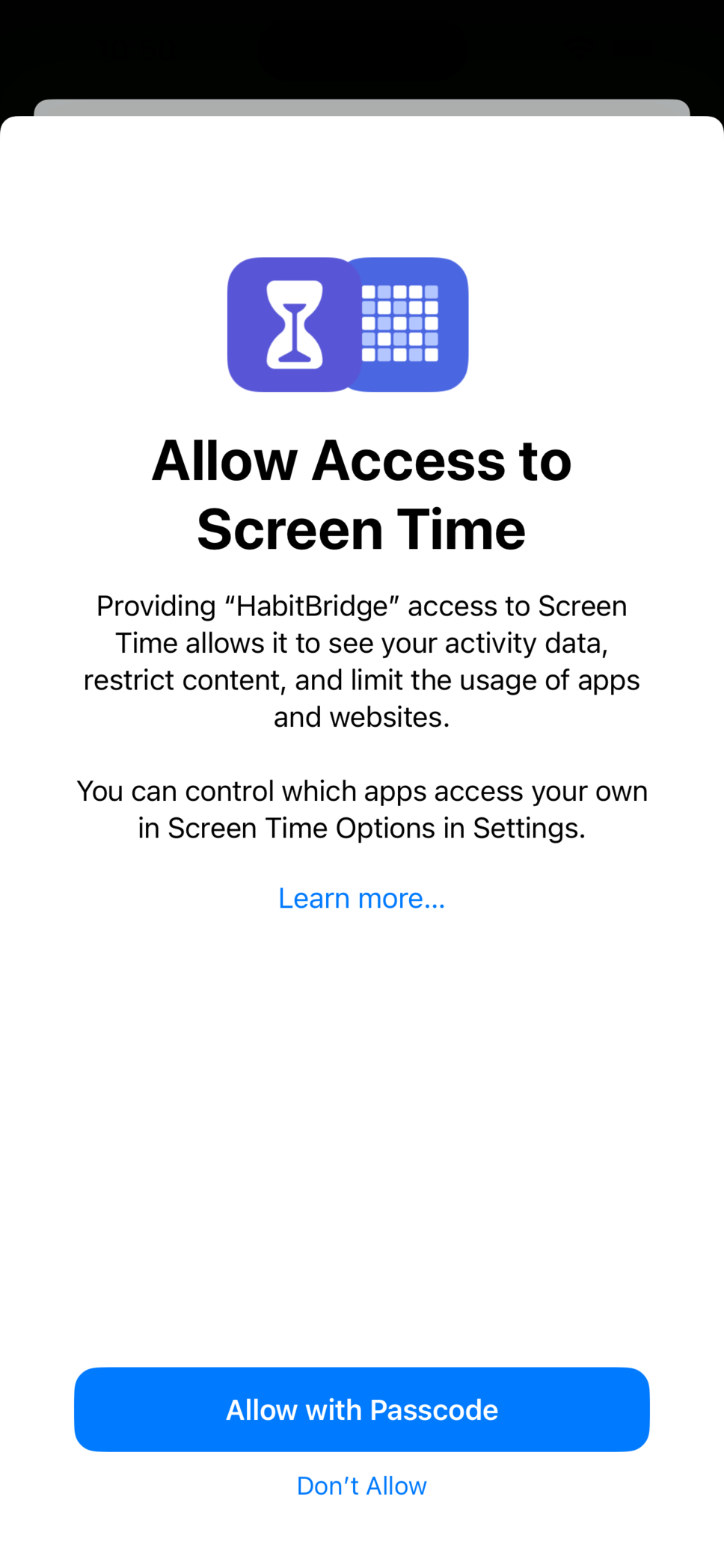 Screen Time permission screen showing HabitBridge requesting access to restrict app usage